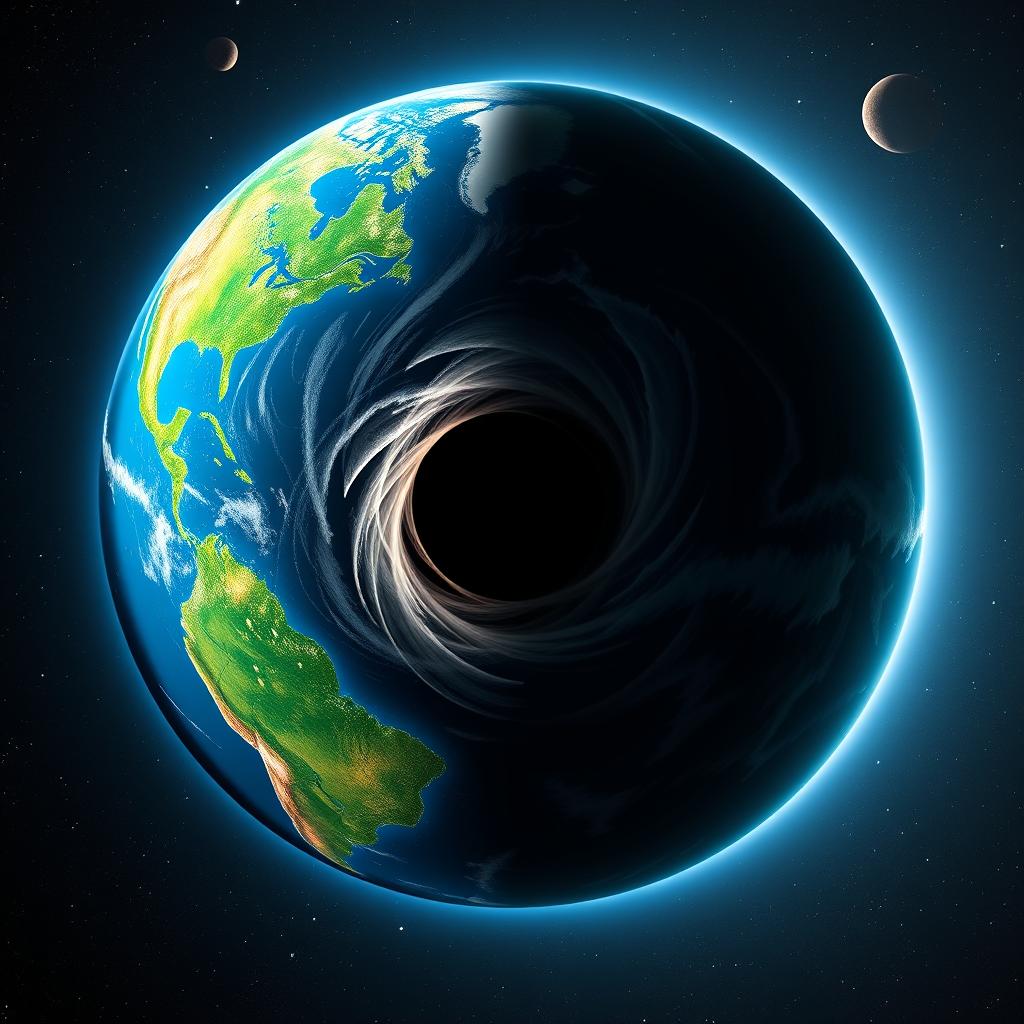 A globe divided into two distinct halves by a mesmerizing black hole at its center