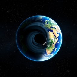 The Earth divided into two parts, floating in the expanse of space, separated by a mesmerizing black hole