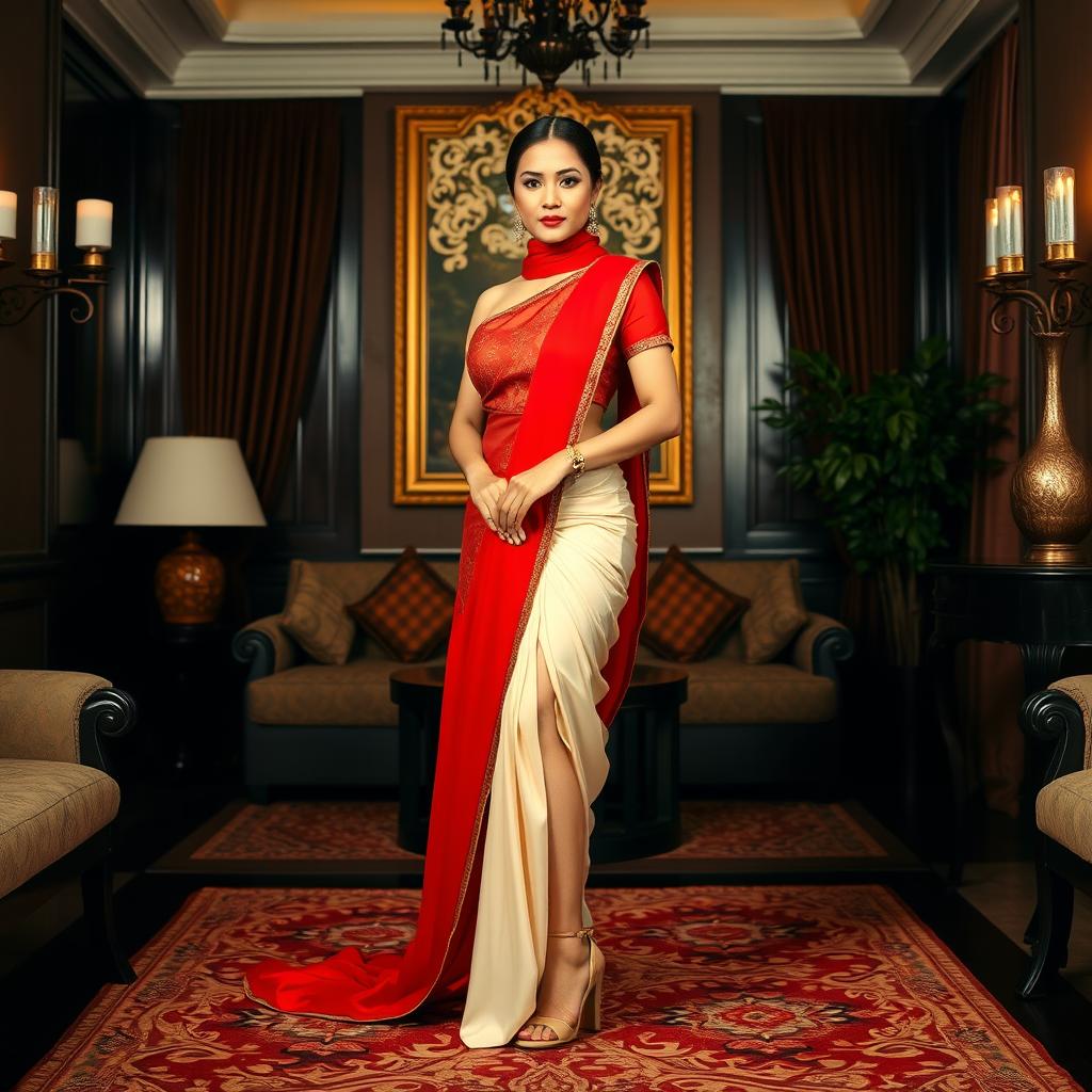 A glamorous scene featuring a confident Indonesian model in an elegant Oyo room setting, wearing a muga, cream, and red color combination Chadar, red mekhela, red blouse, and high heels