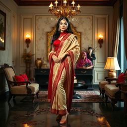 A glamorous scene featuring a confident Indonesian model in an elegant Oyo room setting, wearing a muga, cream, and red color combination Chadar, red mekhela, red blouse, and high heels