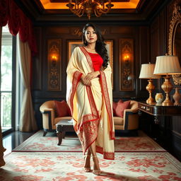 A glamorous scene featuring a confident Indonesian model in an elegant Oyo room setting, wearing a muga, cream, and red color combination Chadar, red mekhela, red blouse, and high heels