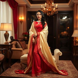 A glamorous scene featuring a confident Indonesian model in an elegant Oyo room setting, wearing a muga, cream, and red color combination Chadar, red mekhela, red blouse, and high heels