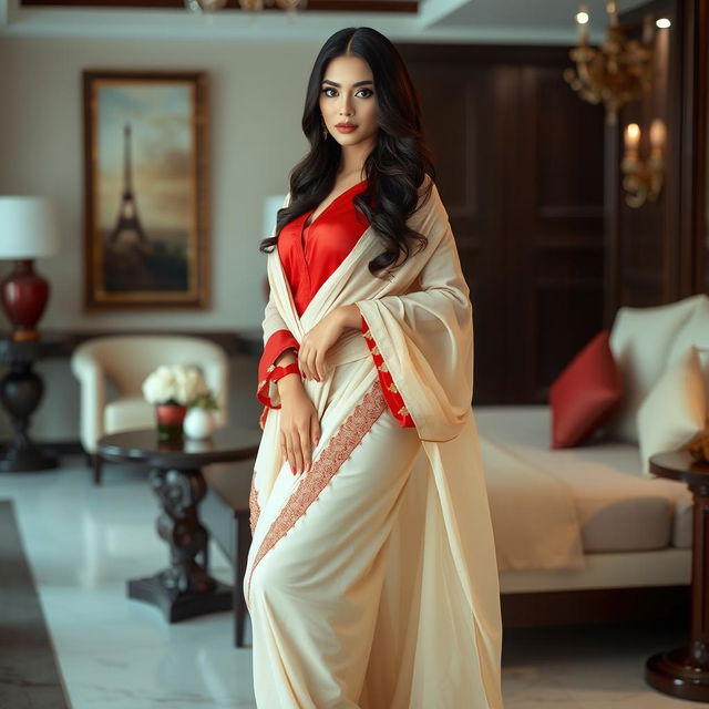 A scene featuring a beautiful Indonesian model with a striking figure, in a muga, cream, and red color combination elegant Chadar, red mekhela, red blouse, and high heels