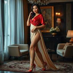 A scene featuring a beautiful Indonesian model with a striking figure, in a muga, cream, and red color combination elegant Chadar, red mekhela, red blouse, and high heels