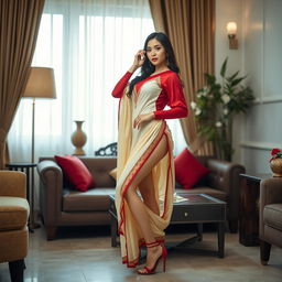 A scene featuring a beautiful Indonesian model with a striking figure, in a muga, cream, and red color combination elegant Chadar, red mekhela, red blouse, and high heels