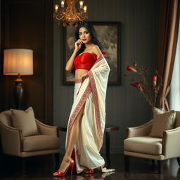 A scene featuring a beautiful Indonesian model with a striking figure, in a muga, cream, and red color combination elegant Chadar, red mekhela, red blouse, and high heels