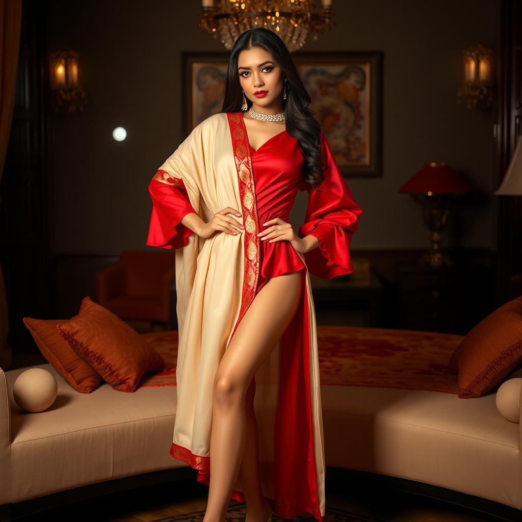 A stunning Indonesian model with a confident pose, highlighted by her muga, cream, and red color combination elegant Chadar, red mekhela, red blouse, and high heels