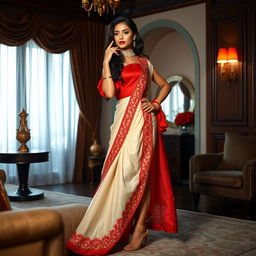 A stunning Indonesian model with a confident pose, highlighted by her muga, cream, and red color combination elegant Chadar, red mekhela, red blouse, and high heels