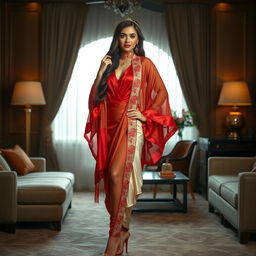 A stunning Indonesian model with a confident pose, highlighted by her muga, cream, and red color combination elegant Chadar, red mekhela, red blouse, and high heels