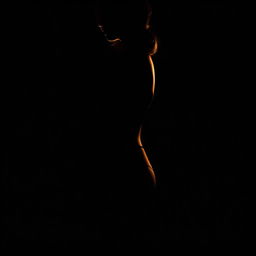 An artistic and realistic photo capturing the illuminated silhouette of a young, slender woman in a swimsuit, standing sideways in a completely dark space