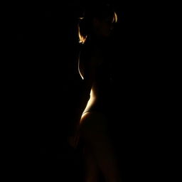 An artistic and realistic photo capturing the illuminated silhouette of a young, slender woman in a swimsuit, standing sideways in a completely dark space