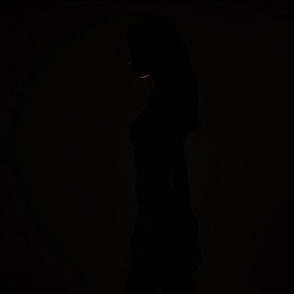 An artistic and realistic photo capturing the illuminated silhouette of a young, slender woman in a swimsuit, standing sideways in a completely dark space