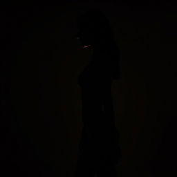 An artistic and realistic photo capturing the illuminated silhouette of a young, slender woman in a swimsuit, standing sideways in a completely dark space