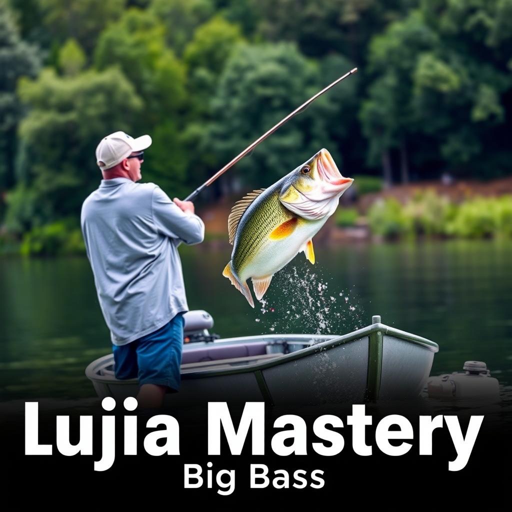 A man in a gray fishing jersey stands on a boat, casting his fishing rod into the water with a large bass fish on the line leaping dramatically out of the water, emphasizing the thrill of the catch