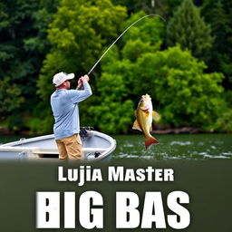 A man in a gray fishing jersey stands on a boat, casting his fishing rod into the water with a large bass fish on the line leaping dramatically out of the water, emphasizing the thrill of the catch