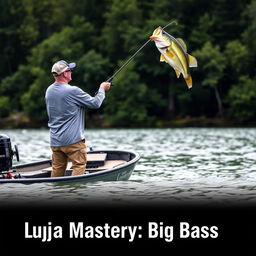 A man in a gray fishing jersey stands on a boat, casting his fishing rod into the water with a large bass fish on the line leaping dramatically out of the water, emphasizing the thrill of the catch