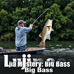 A man in a gray fishing jersey stands on a boat, casting his fishing rod into the water with a large bass fish on the line leaping dramatically out of the water, emphasizing the thrill of the catch