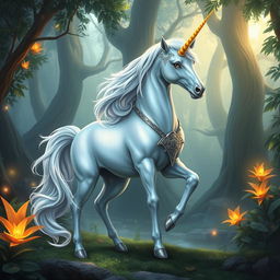 A majestic mystical unicorn with a shimmering, pearlescent coat and a flowing, iridescent mane standing gracefully in a lush, enchanted forest