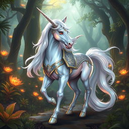 A majestic mystical unicorn with a shimmering, pearlescent coat and a flowing, iridescent mane standing gracefully in a lush, enchanted forest