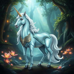 A majestic mystical unicorn with a shimmering, pearlescent coat and a flowing, iridescent mane standing gracefully in a lush, enchanted forest