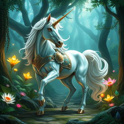 A majestic mystical unicorn with a shimmering, pearlescent coat and a flowing, iridescent mane standing gracefully in a lush, enchanted forest