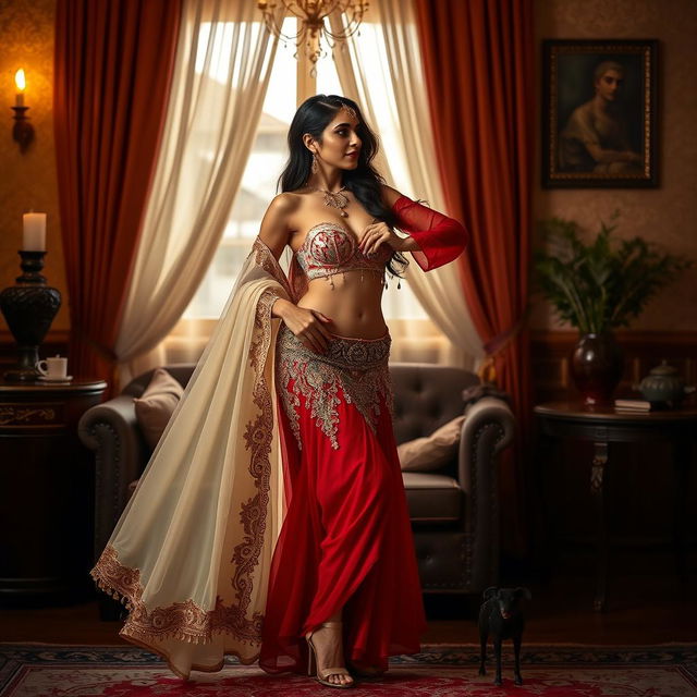 A captivating Arabian belly dancer with an alluring figure, wearing a delicate bra, captures the scene with her enchanting presence