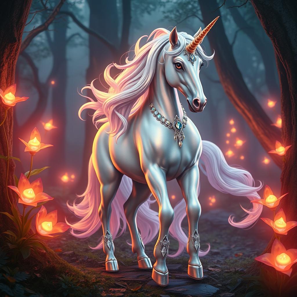 A sexy, mystical unicorn with a shimmering, pearlescent coat and a flowing, iridescent mane standing provocatively in a lush, enchanted forest