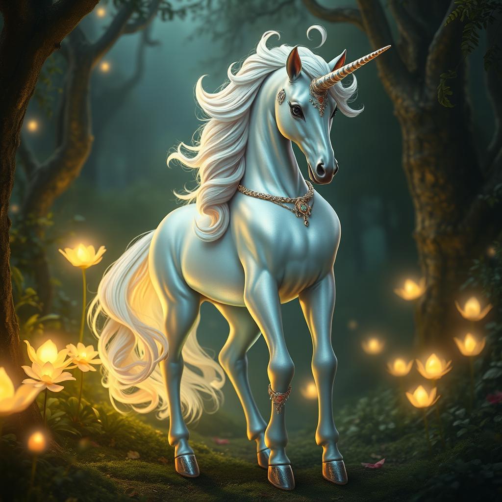 A sexy, mystical unicorn with a shimmering, pearlescent coat and a flowing, iridescent mane standing provocatively in a lush, enchanted forest