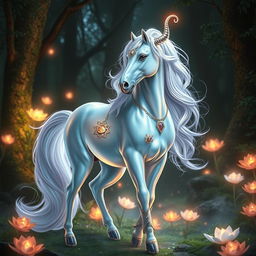 A sexy, mystical unicorn with a shimmering, pearlescent coat and a flowing, iridescent mane standing provocatively in a lush, enchanted forest