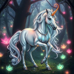 A sexy, mystical unicorn with a shimmering, pearlescent coat and a flowing, iridescent mane standing provocatively in a lush, enchanted forest