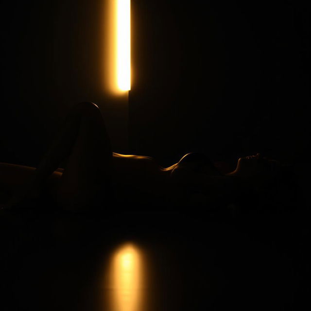 An artistic and realistic photo capturing the illuminated silhouette of a young, slender woman in a swimsuit, lying on her back in a completely dark space