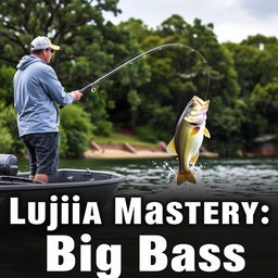 A man in a gray fishing jersey stands on a boat, expertly casting his fishing rod into the water, capturing the moment a large bass fish on the hook leaps dramatically out of the water