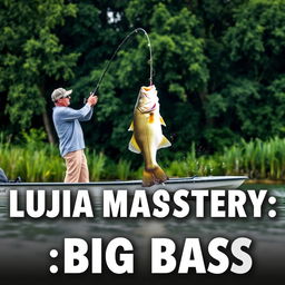 A man in a gray fishing jersey stands on a boat, expertly casting his fishing rod into the water, capturing the moment a large bass fish on the hook leaps dramatically out of the water