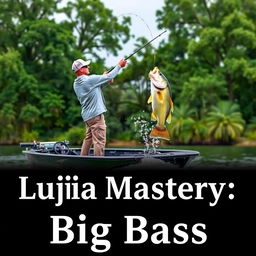 A man in a gray fishing jersey stands on a boat, expertly casting his fishing rod into the water, capturing the moment a large bass fish on the hook leaps dramatically out of the water