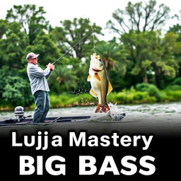 A man in a gray fishing jersey stands on a boat, expertly casting his fishing rod into the water, capturing the moment a large bass fish on the hook leaps dramatically out of the water