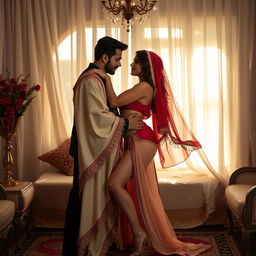 A sensual scene unfolds in an Oyo room, where a sexy Arabian supermodel with an impressive figure shares an intimate, romantic moment with her boyfriend