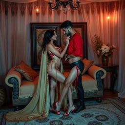 A sensual scene unfolds in an Oyo room, where a sexy Arabian supermodel with an impressive figure shares an intimate, romantic moment with her boyfriend