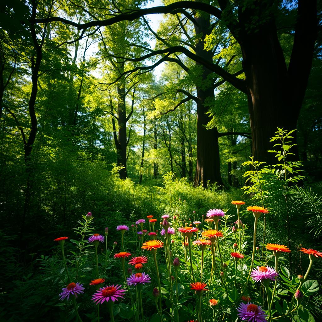 A serene, lush green forest with sunlight filtering through the canopy, casting dappled shadows on the forest floor