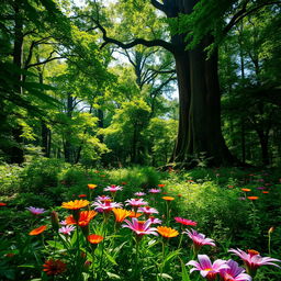 A serene, lush green forest with sunlight filtering through the canopy, casting dappled shadows on the forest floor