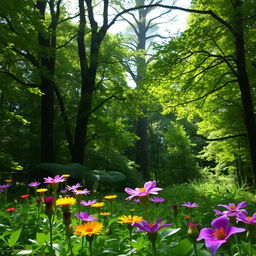 A serene, lush green forest with sunlight filtering through the canopy, casting dappled shadows on the forest floor