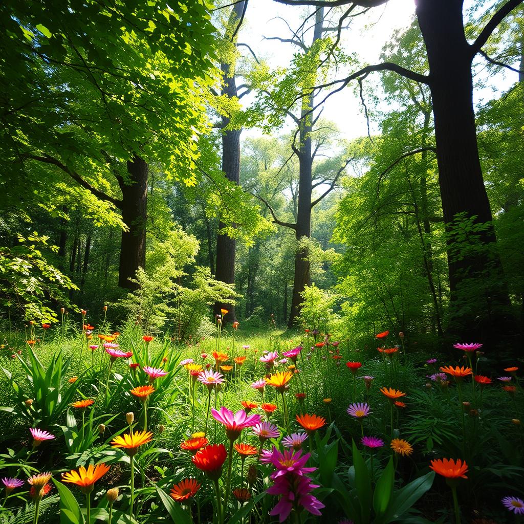 A serene, lush green forest with sunlight filtering through the canopy, casting dappled shadows on the forest floor