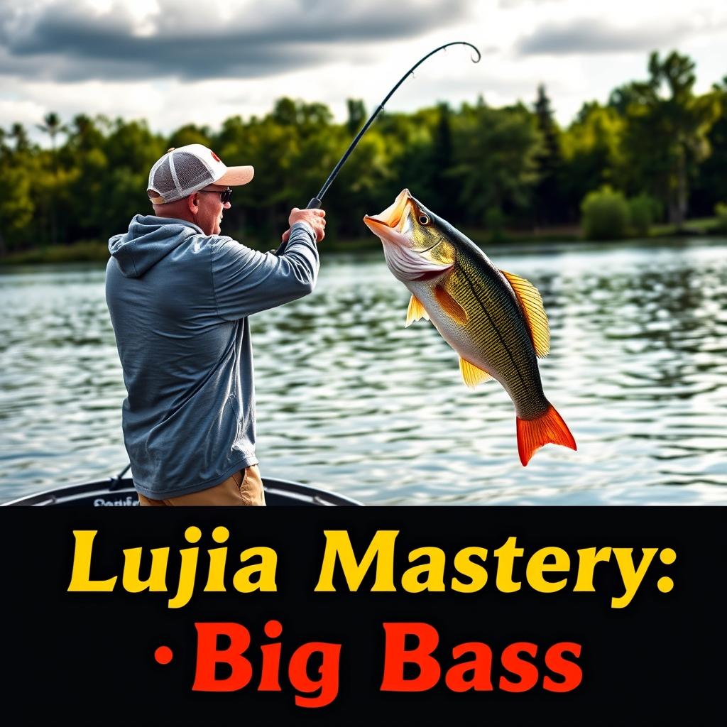 A man wearing a gray fishing jersey stands on a boat, casting his fishing rod into the water, capturing the exhilarating moment a large bass fish on the hook leaps dramatically out of the water