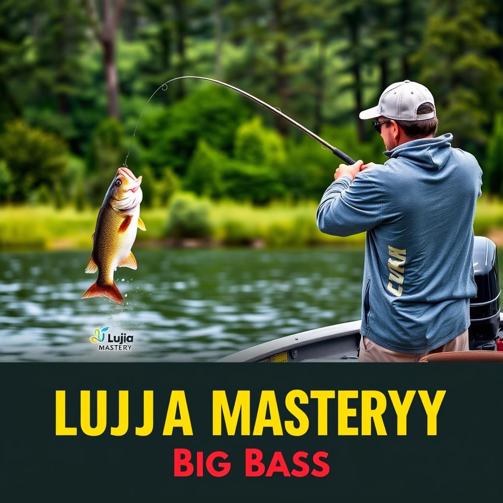 A man wearing a gray fishing jersey stands on a boat, casting his fishing rod into the water, capturing the exhilarating moment a large bass fish on the hook leaps dramatically out of the water