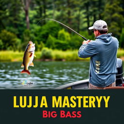 A man wearing a gray fishing jersey stands on a boat, casting his fishing rod into the water, capturing the exhilarating moment a large bass fish on the hook leaps dramatically out of the water