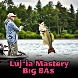 A man wearing a gray fishing jersey stands on a boat, casting his fishing rod into the water, capturing the exhilarating moment a large bass fish on the hook leaps dramatically out of the water