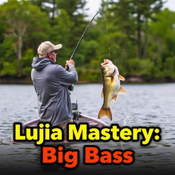 A man wearing a gray fishing jersey stands on a boat, casting his fishing rod into the water, capturing the exhilarating moment a large bass fish on the hook leaps dramatically out of the water