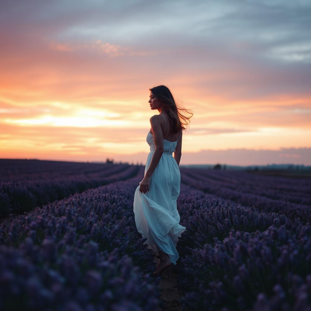 A serene and dreamy landscape with a vast field of lavender flowers stretching towards the horizon under a stunning sunset, the sky painted in shades of orange, pink, and purple