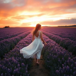 A serene and dreamy landscape with a vast field of lavender flowers stretching towards the horizon under a stunning sunset, the sky painted in shades of orange, pink, and purple