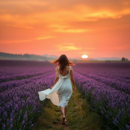 A serene and dreamy landscape with a vast field of lavender flowers stretching towards the horizon under a stunning sunset, the sky painted in shades of orange, pink, and purple