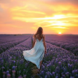 A serene and dreamy landscape with a vast field of lavender flowers stretching towards the horizon under a stunning sunset, the sky painted in shades of orange, pink, and purple